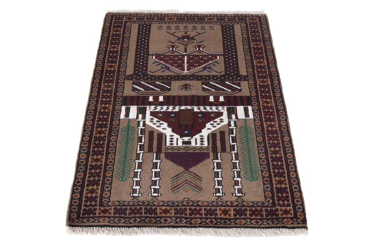 Persian Baluch accent rug in taupe and burgundy, view 3 of 10