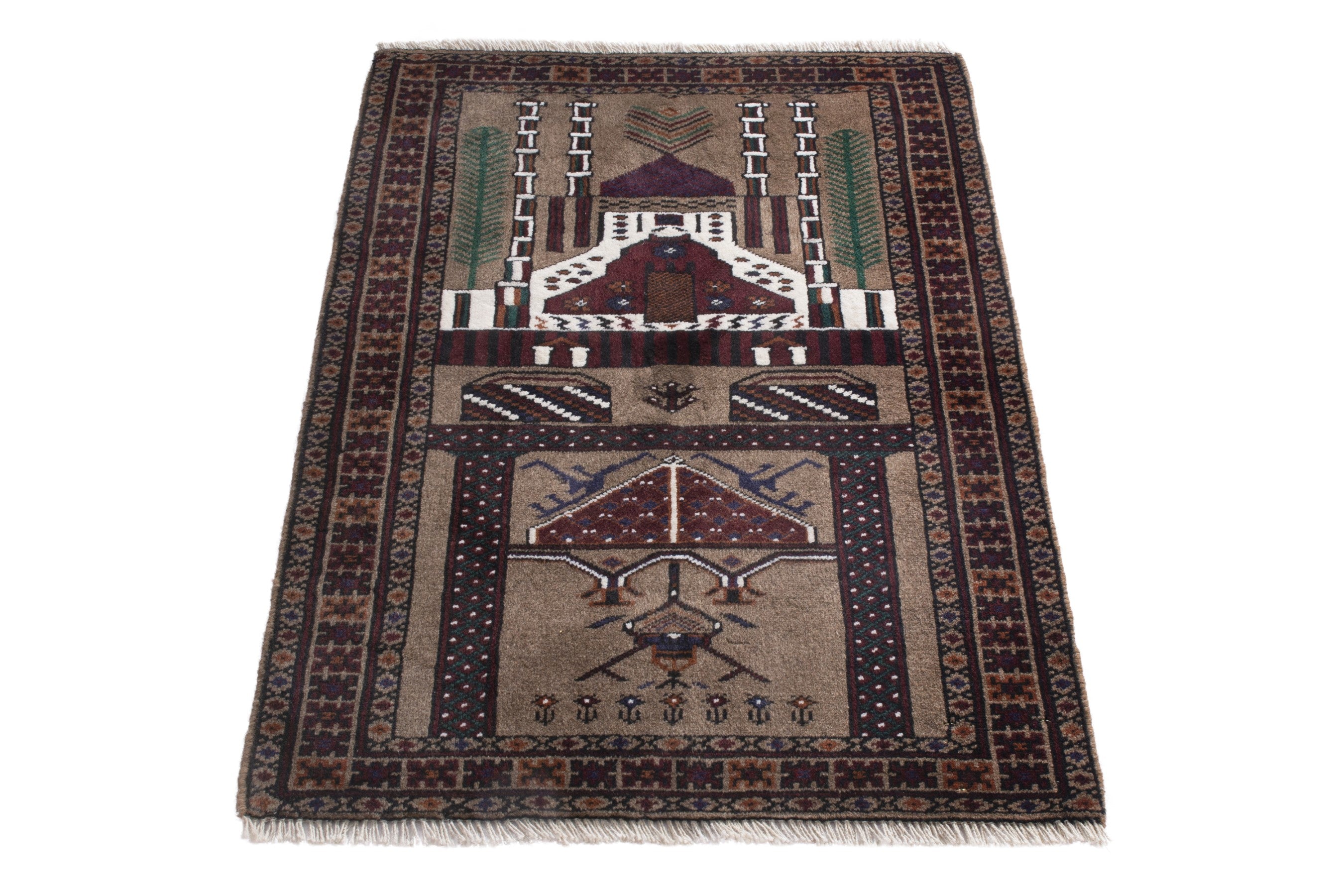 Persian Baluch accent rug in taupe and burgundy, view 3 of 9