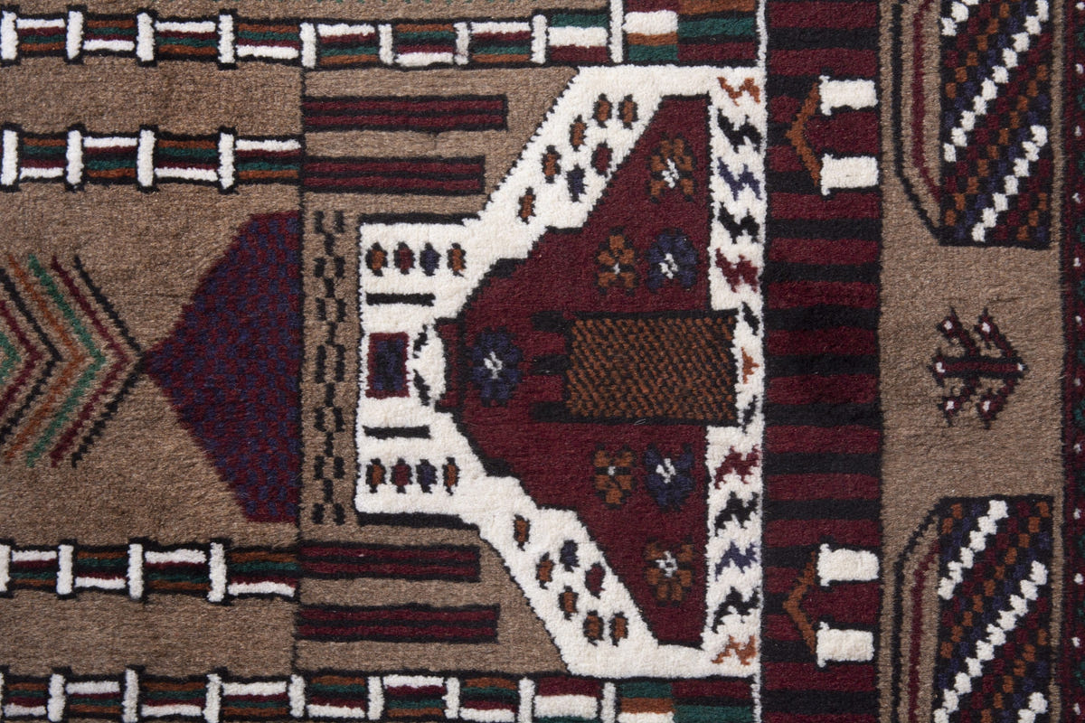 Persian Baluch accent rug in taupe and burgundy, view 8 of 10