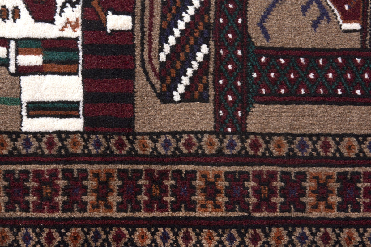 Persian Baluch accent rug in taupe and burgundy, view 9 of 10