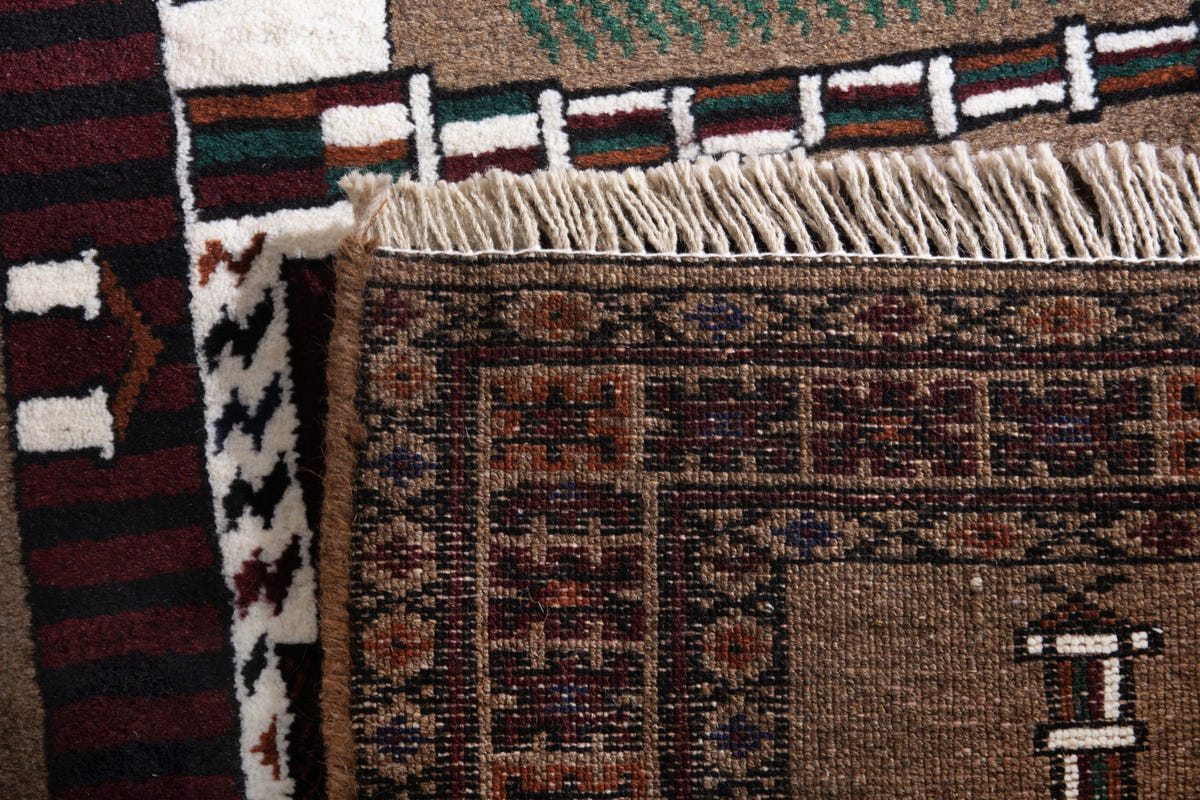 Persian Baluch accent rug in taupe and burgundy, view 10 of 10