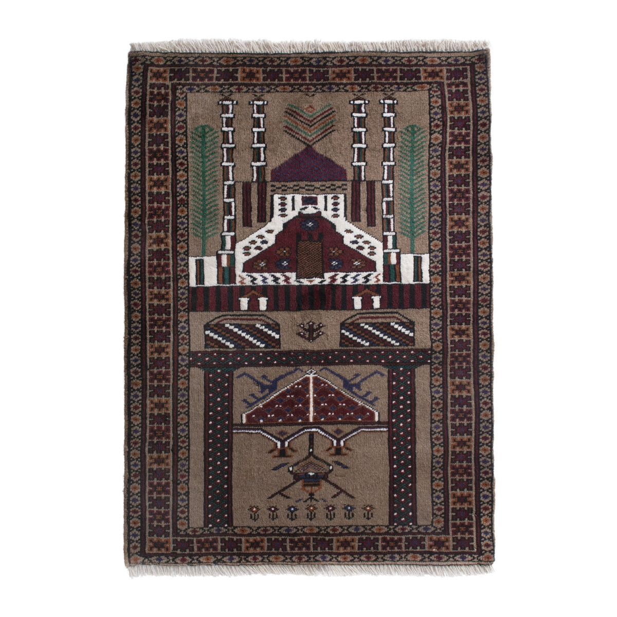 Persian Baluch accent rug in taupe and burgundy, 2'7" x 3'10"