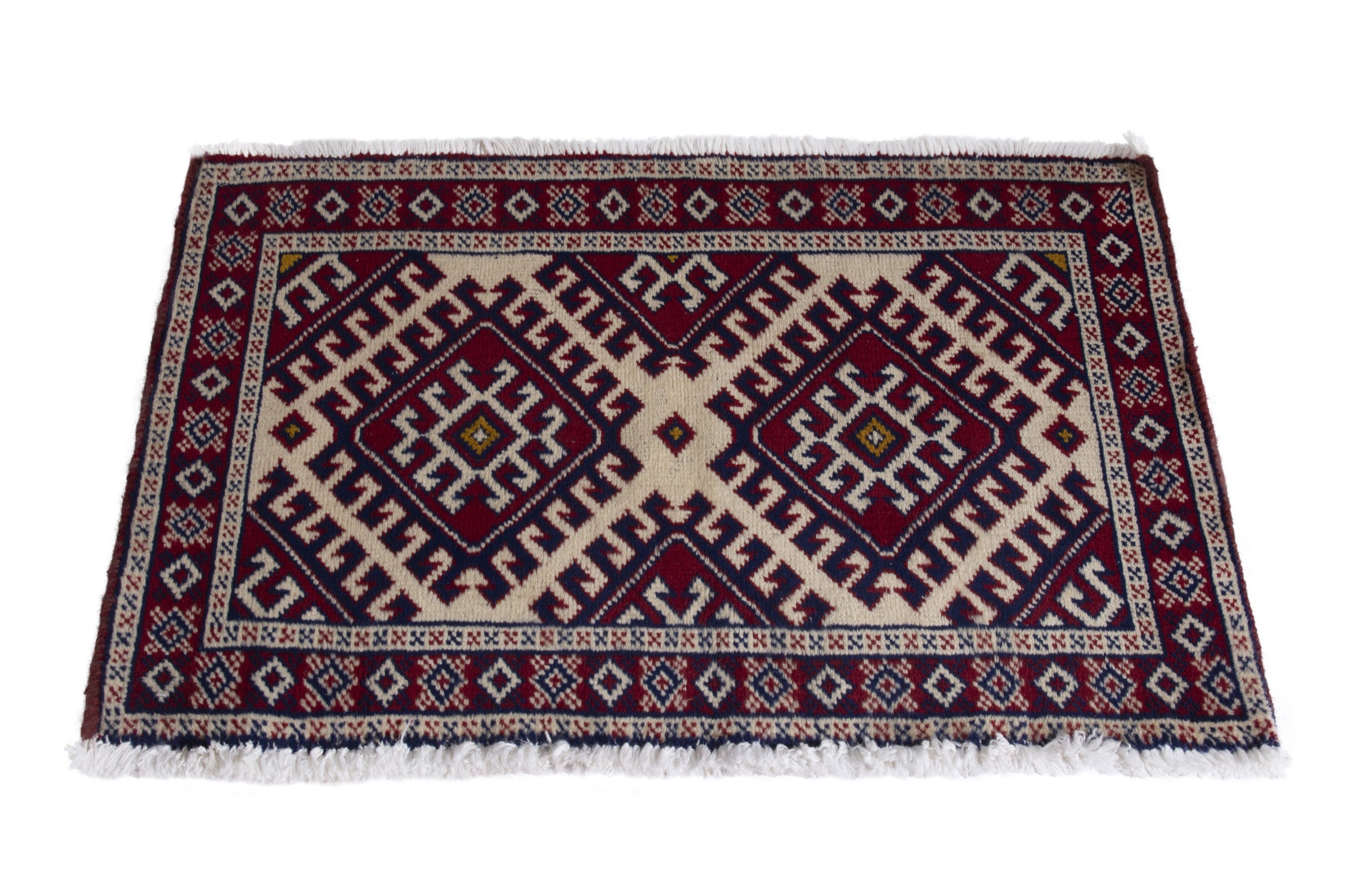 Persian Torkaman accent rug in burgundy and cream, view 3 of 8