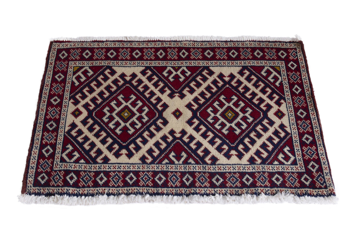Persian Torkaman accent rug in burgundy and cream, view 4 of 9