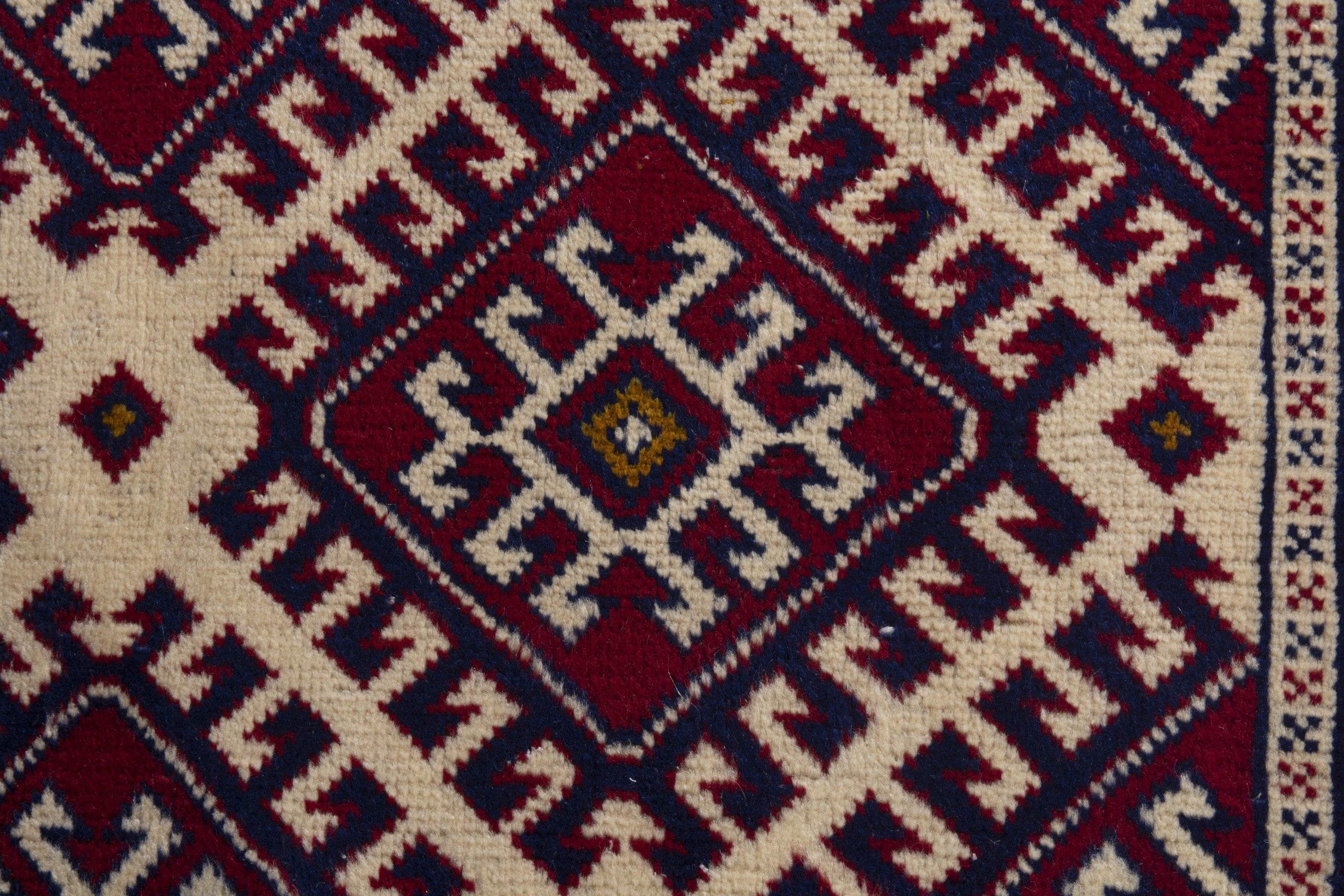 Persian Torkaman accent rug in burgundy and cream, view 7 of 8