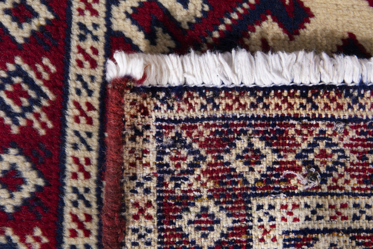 Persian Torkaman accent rug in burgundy and cream, view 9 of 9