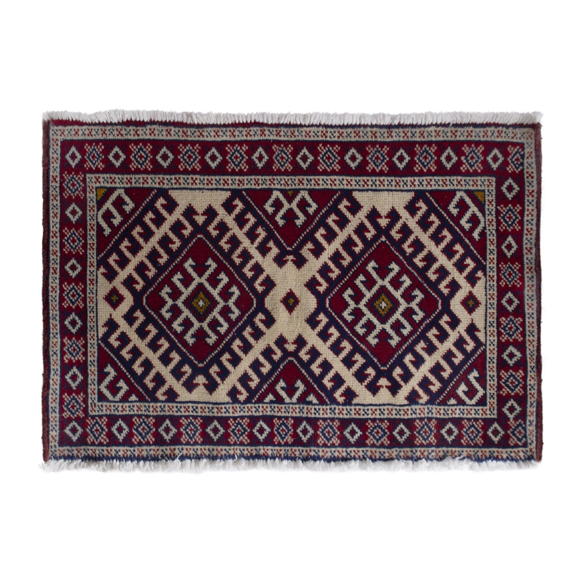 Persian Torkaman accent rug in burgundy and cream, 3'2" x 1'10"