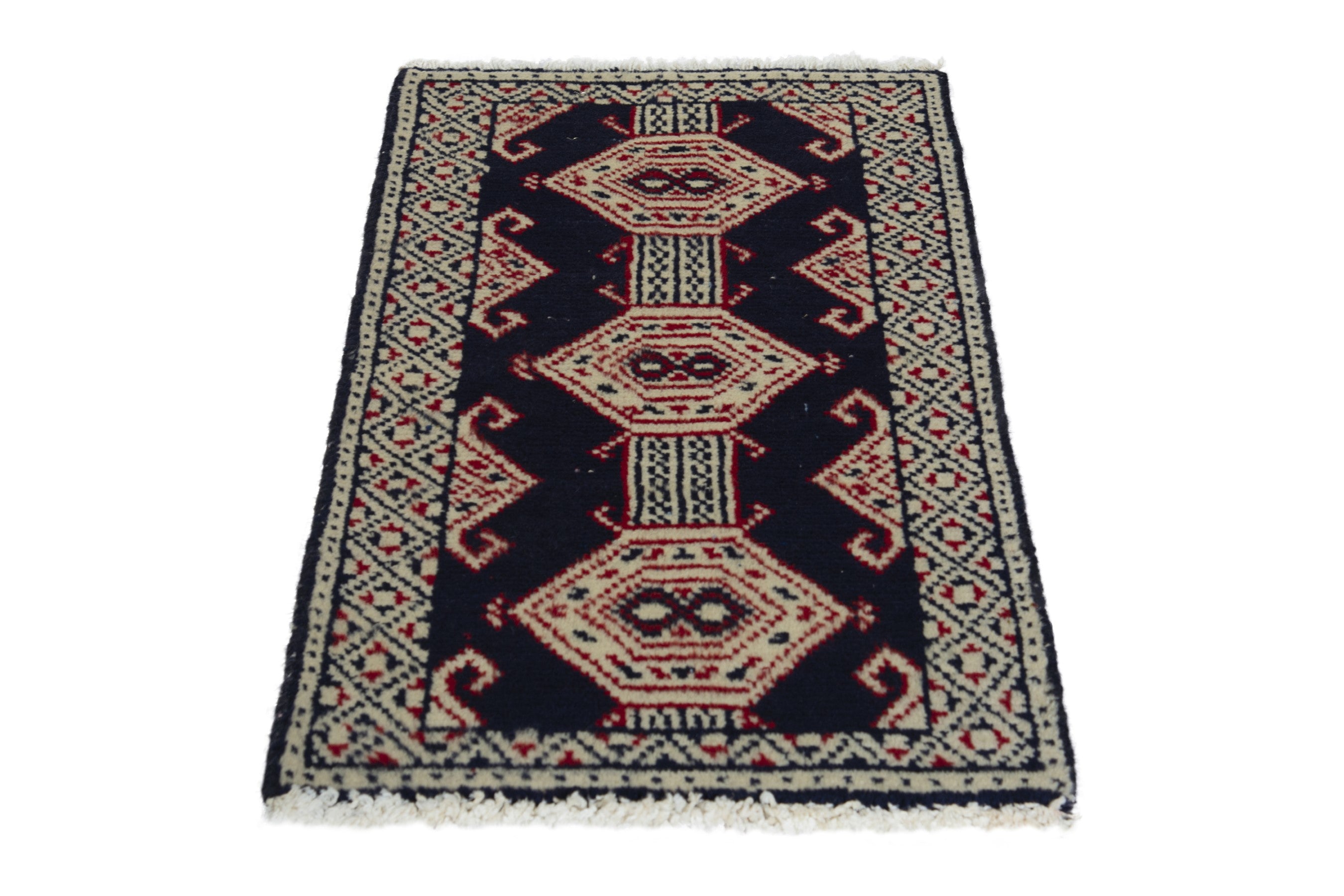 Persian Torkaman accent rug in navy and cream, view 3 of 8