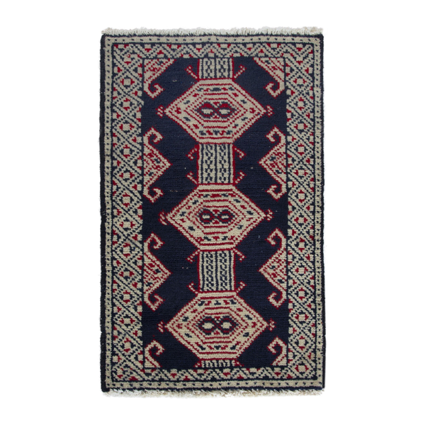 Persian Torkaman accent rug in navy and cream, 1'5" x 2'6"