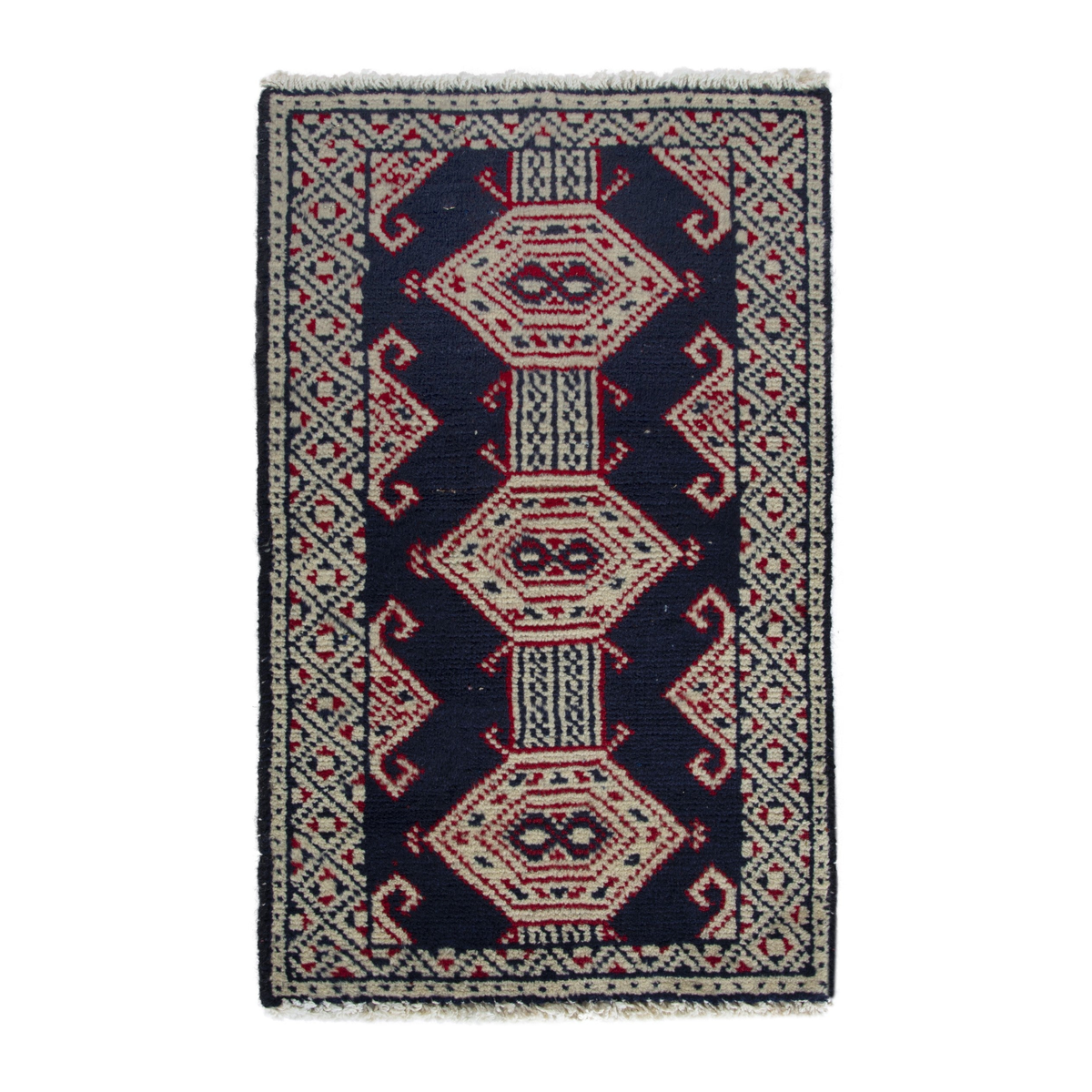 Persian Torkaman accent rug in navy and cream, 1'5" x 2'6"