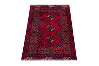 Persian Torkaman accent rug in deep red and navy, view 4 of 9