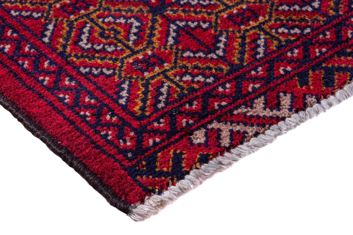 Persian Torkaman accent rug in deep red and navy, view 6 of 9