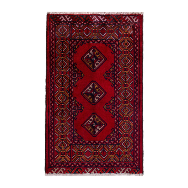 Persian Torkaman accent rug in deep red and navy, 2' x 2'9"