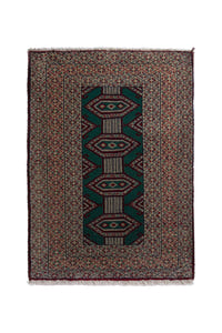 Persian Torkaman accent rug in emerald and greige, view 2 of 10