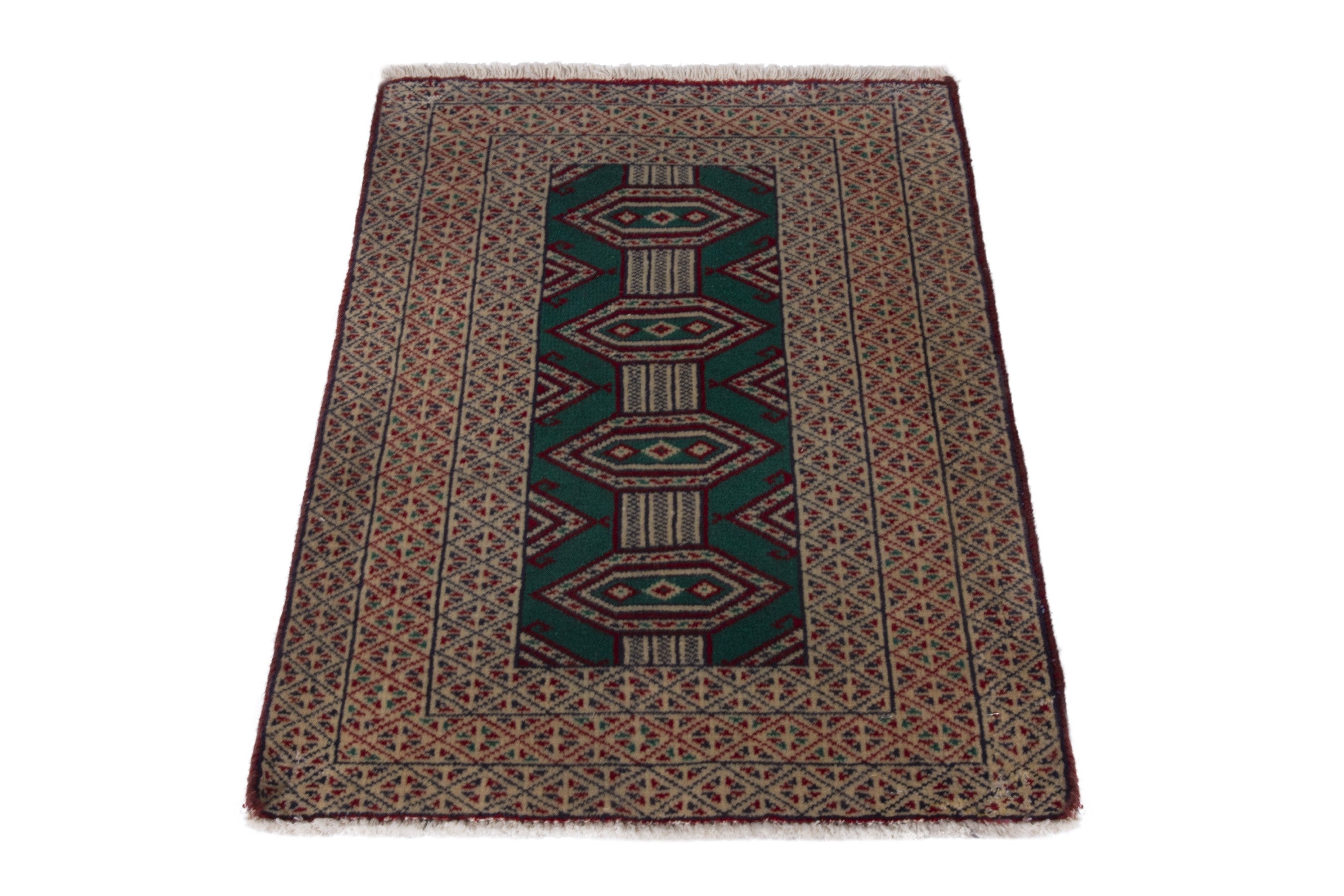 Persian Torkaman accent rug in emerald and greige, view 2 of 9