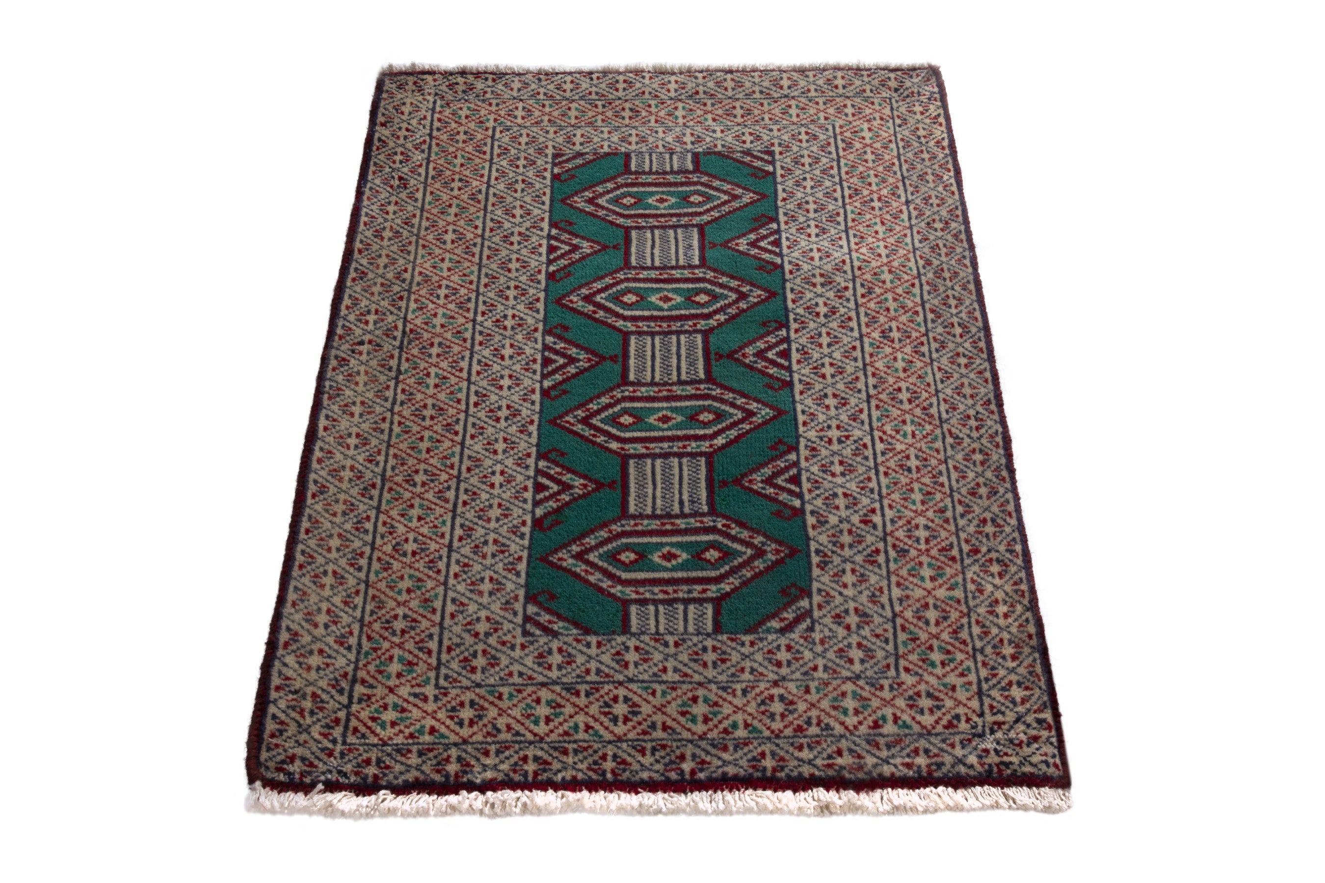 Persian Torkaman accent rug in emerald and greige, view 3 of 9