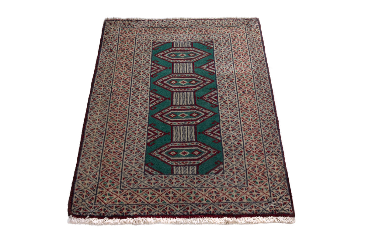 Persian Torkaman accent rug in emerald and greige, view 4 of 10
