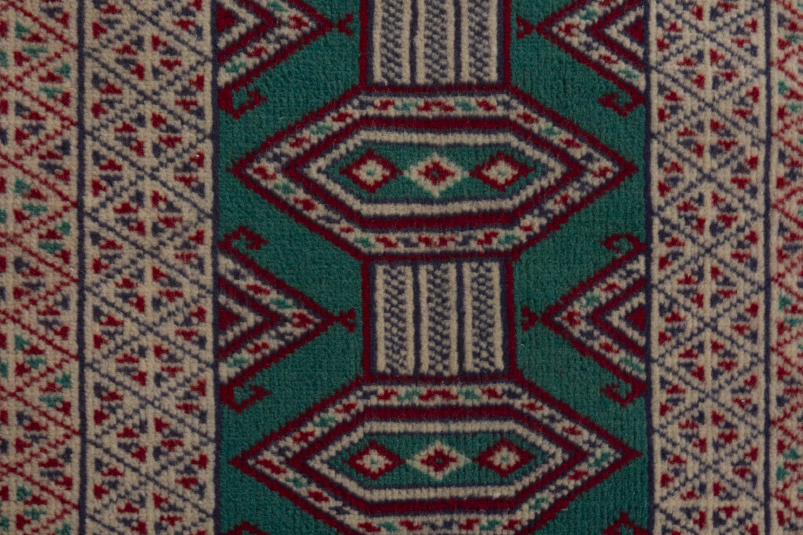 Persian Torkaman accent rug in emerald and greige, view 8 of 9