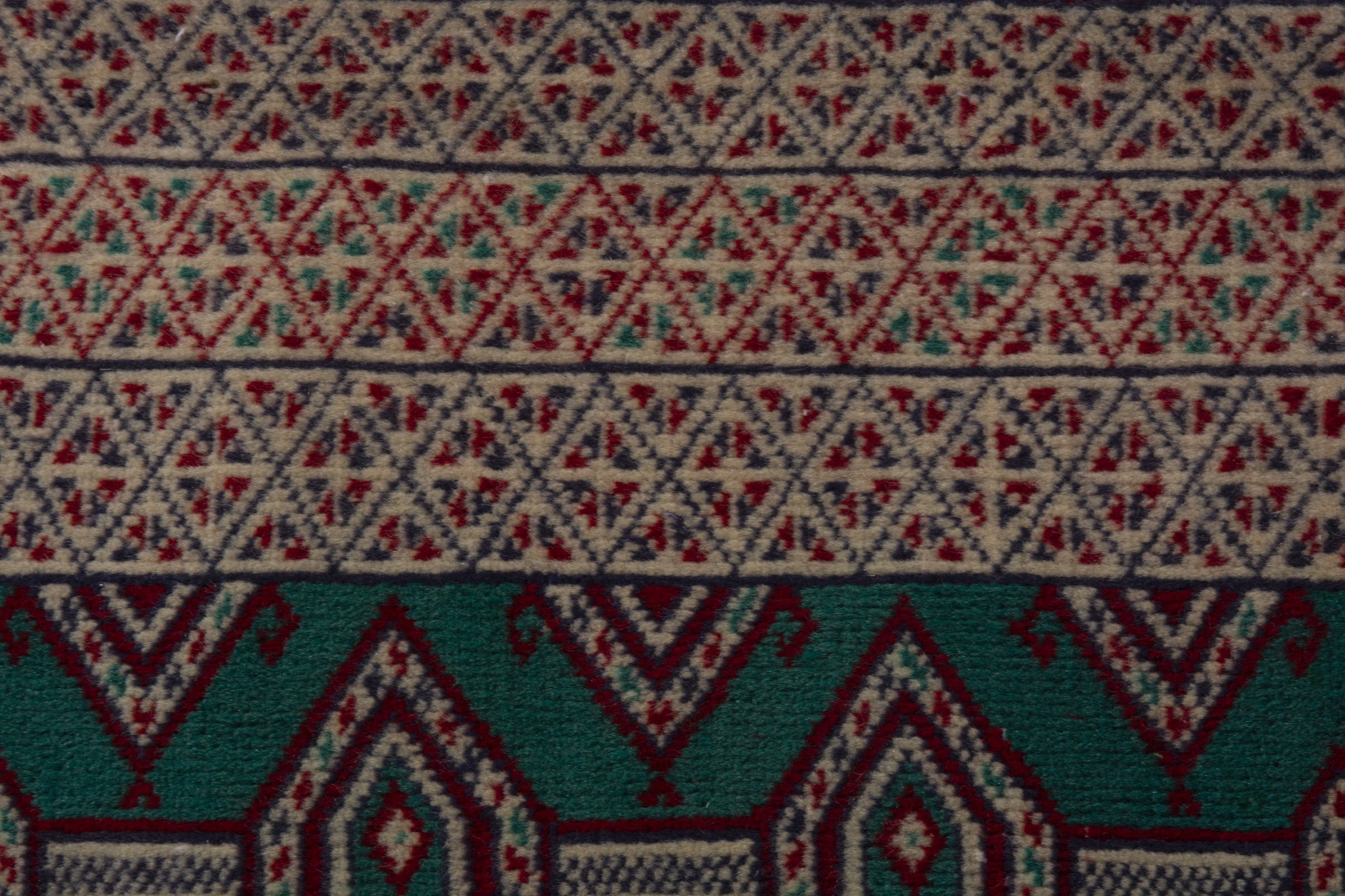 Persian Torkaman accent rug in emerald and greige, view 9 of 9