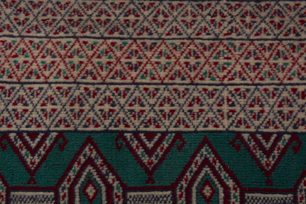 Persian Torkaman accent rug in emerald and greige, view 9 of 10