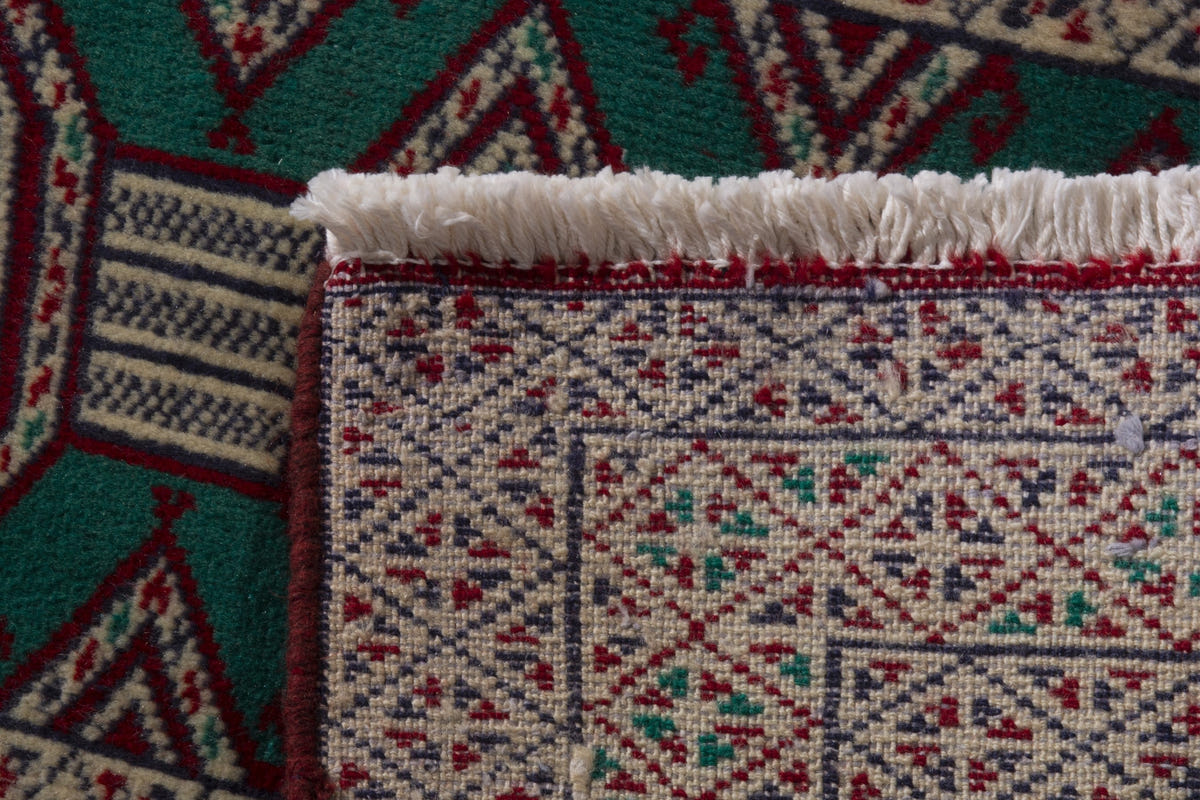 Persian Torkaman accent rug in emerald and greige, view 10 of 10