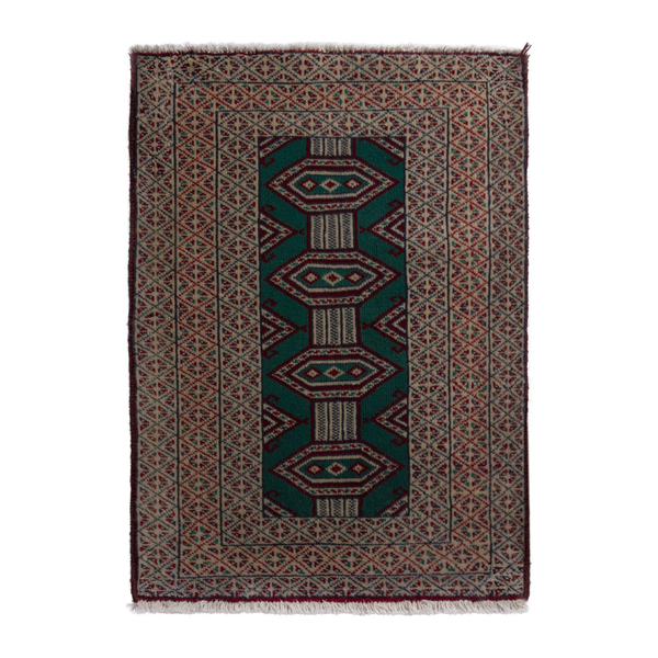 Persian Torkaman accent rug in emerald and greige, 2' x 2'11"