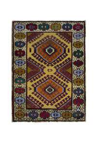 Persian Torkaman accent rug in mustard and cream, view 2 of 10