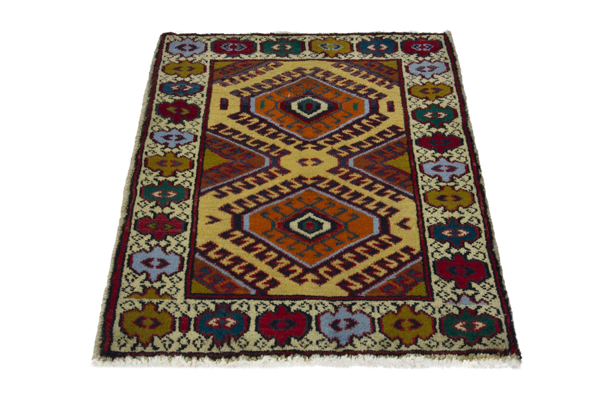 Persian Torkaman accent rug in mustard and cream, view 4 of 10