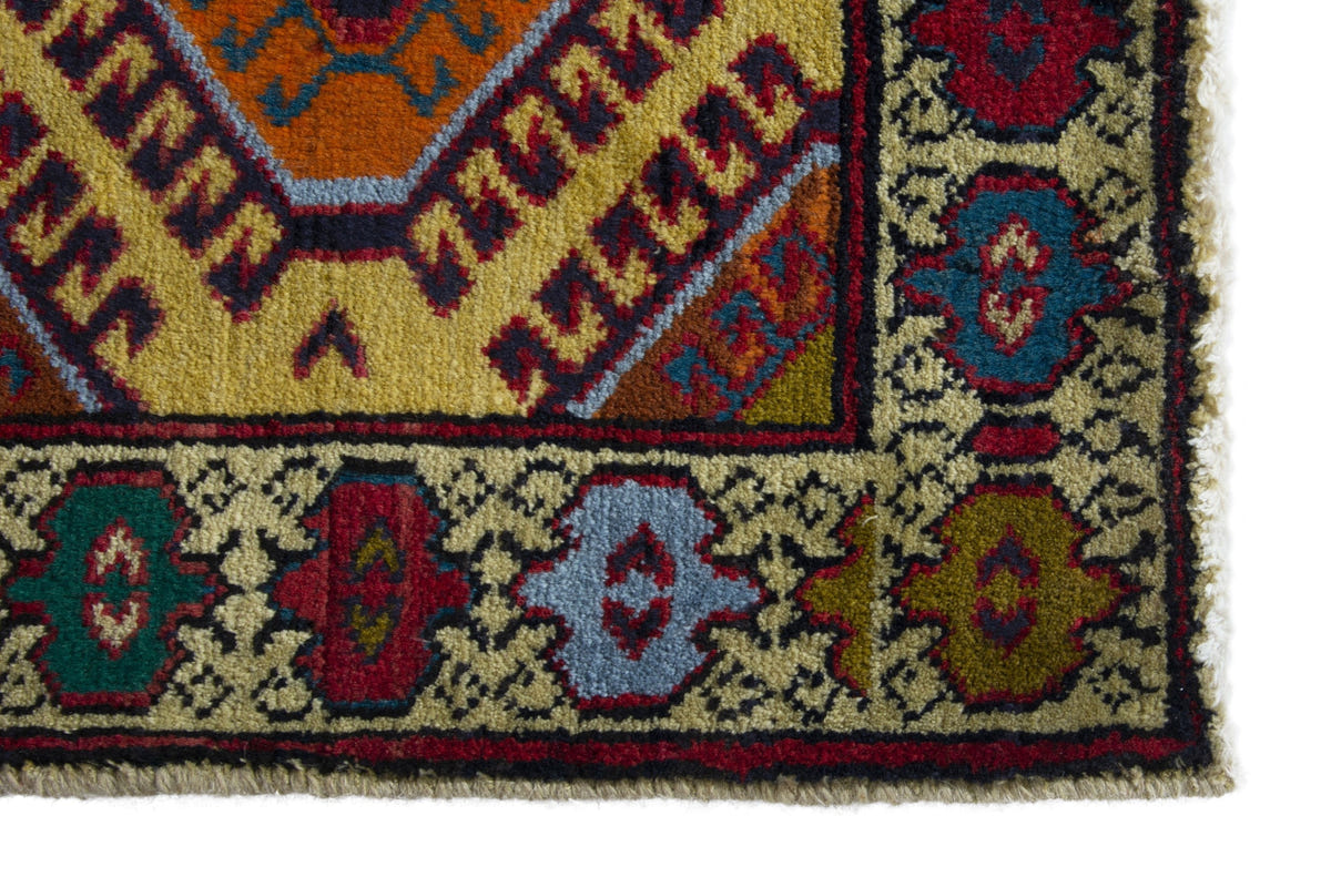 Persian Torkaman accent rug in mustard and cream, view 5 of 10