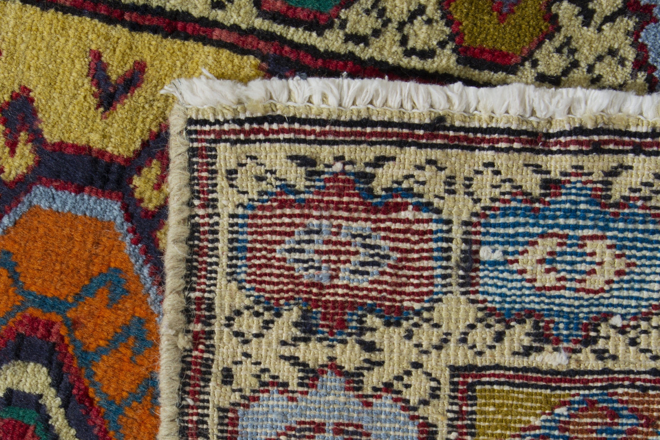 Persian Torkaman accent rug in mustard and cream, view 9 of 9