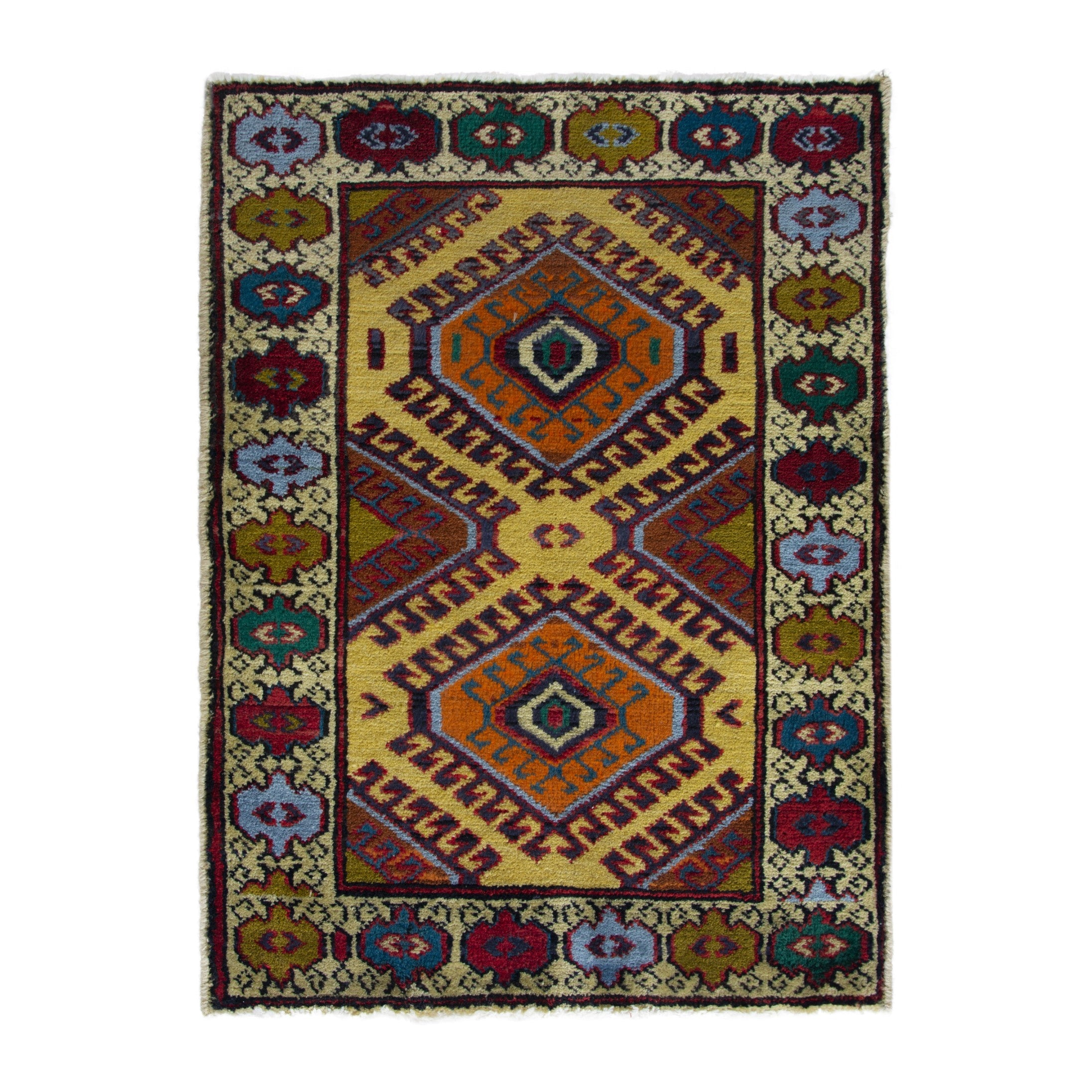 Persian Torkaman accent rug in mustard and cream, 2'1" x 2'11"