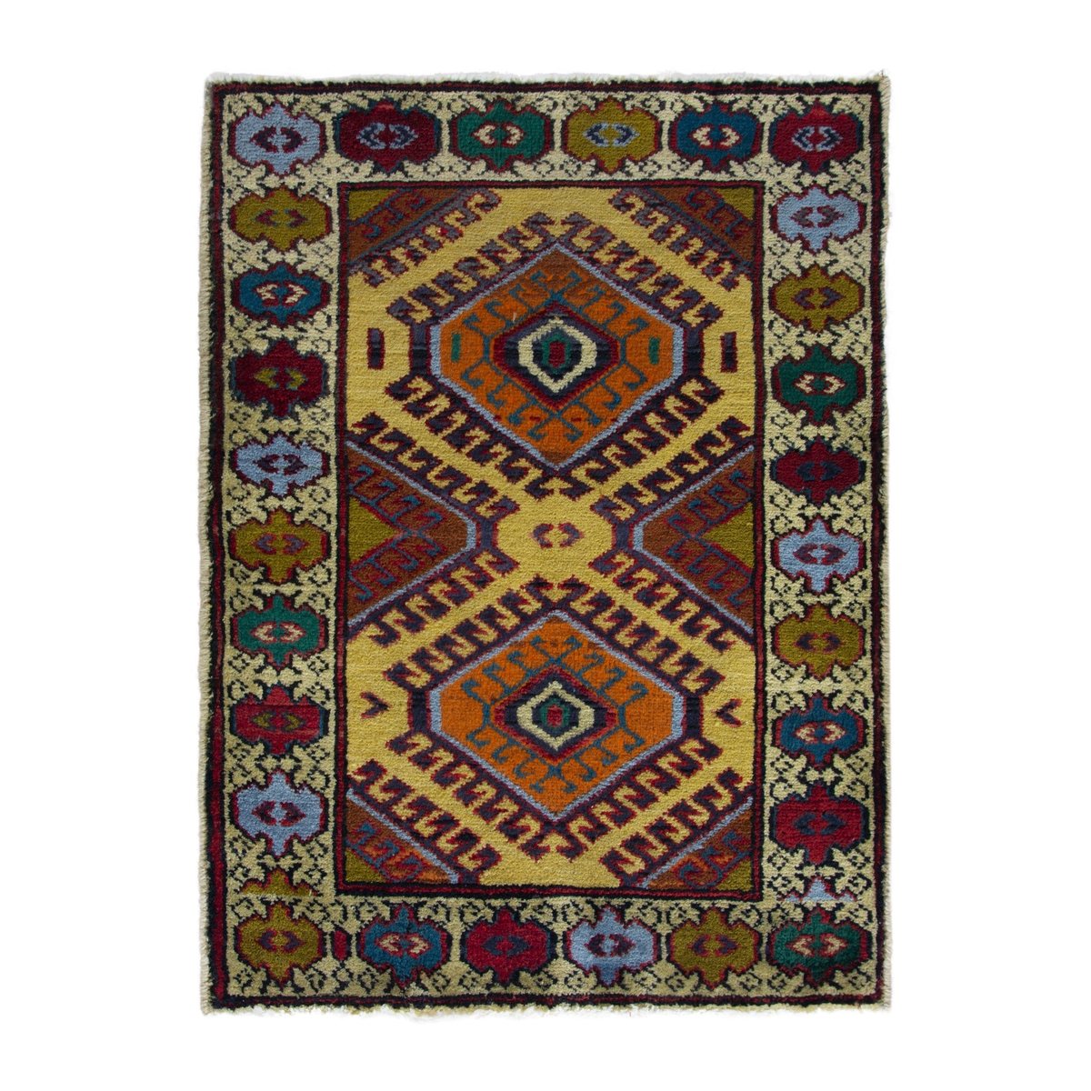Persian Torkaman accent rug in mustard and cream, 2'1" x 2'11"