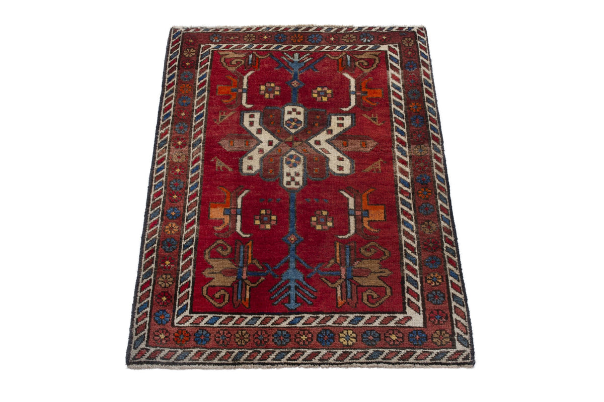 Persian Gharajeh accent rug in deep red and tan, view 4 of 10