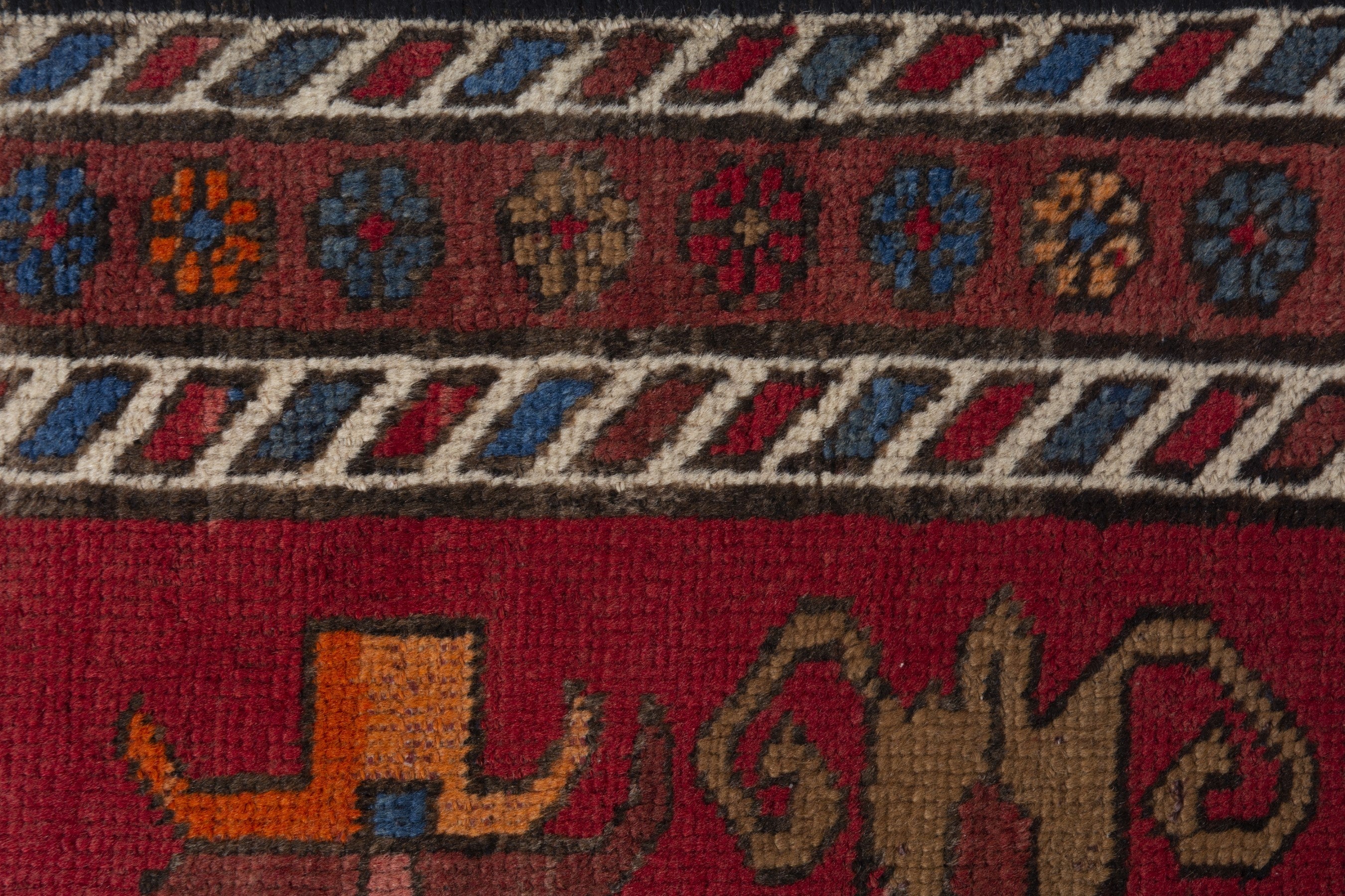 Persian Gharajeh accent rug in deep red and tan, view 8 of 9