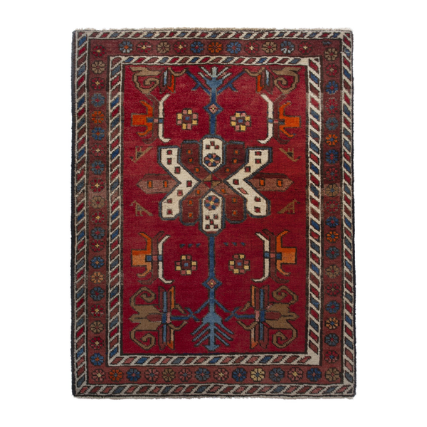 Persian Gharajeh accent rug in deep red and tan, 2'2" x 2'11"