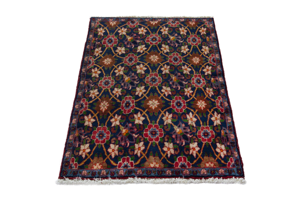 Persian Varamin accent rug in navy and deep red, view 4 of 9