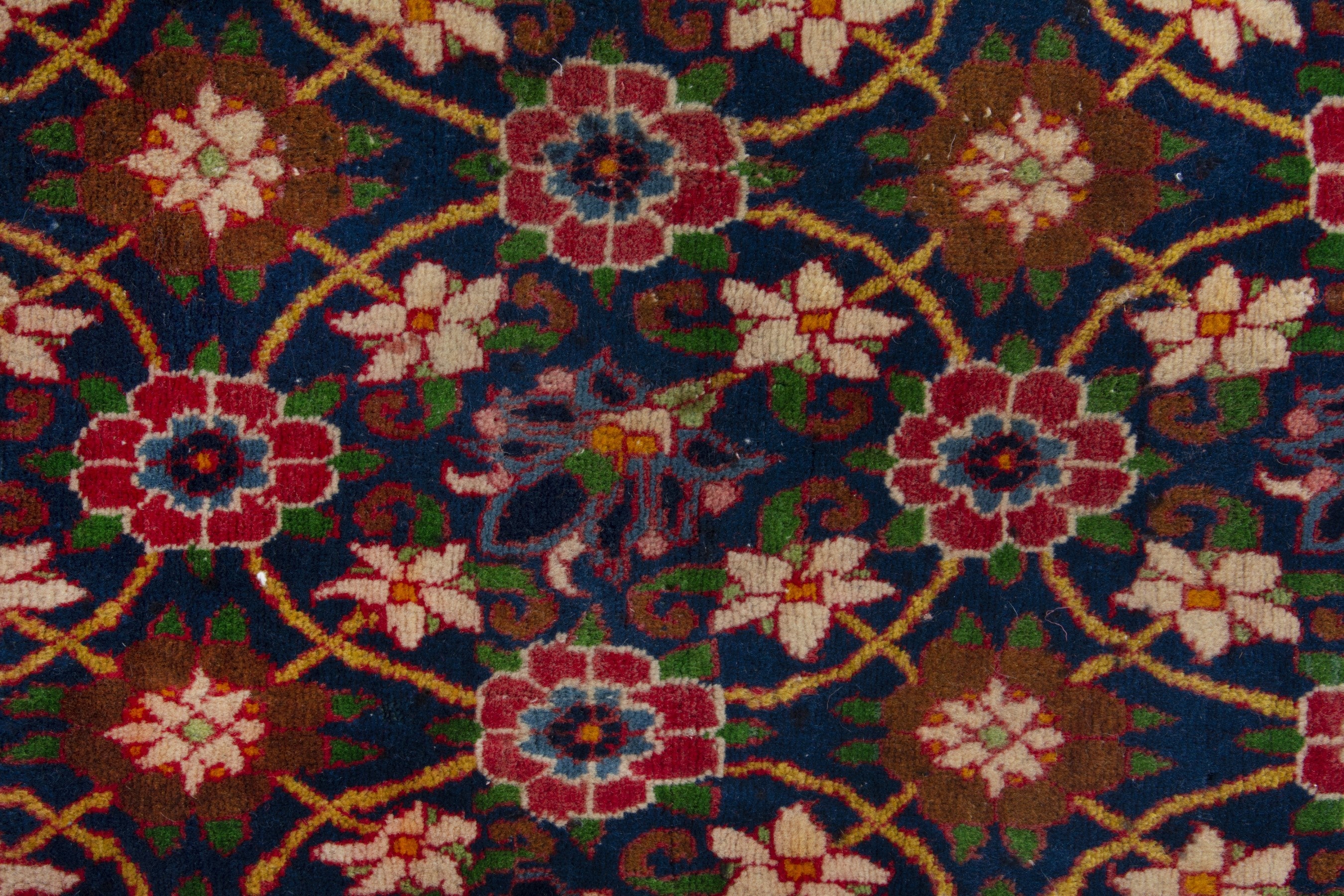 Persian Varamin accent rug in navy and deep red, view 7 of 8