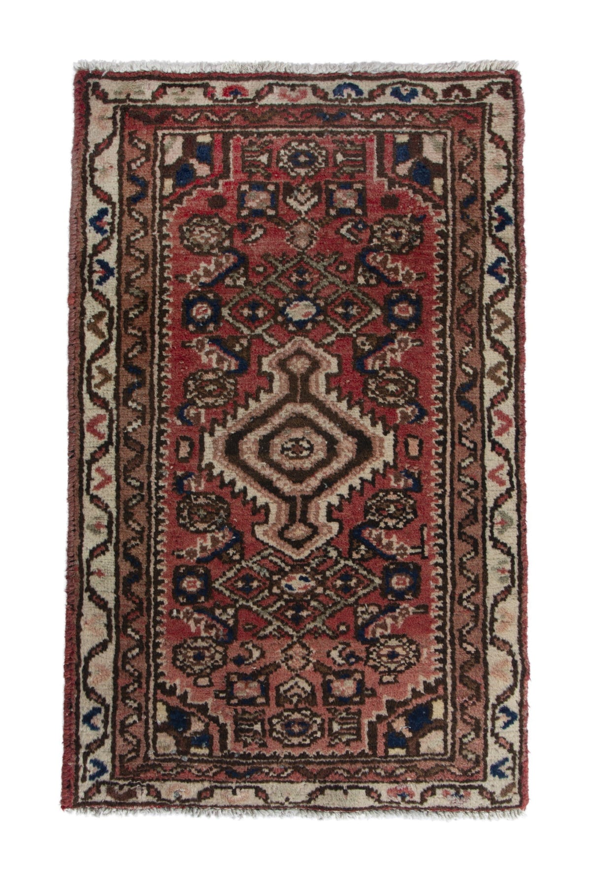 Persian Hamadan accent rug in faded red and cream, view 2 of 10
