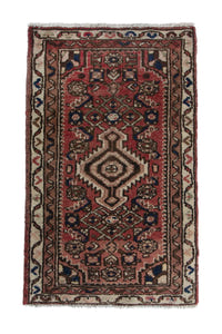 Persian Hamadan accent rug in faded red and cream, view 2 of 10