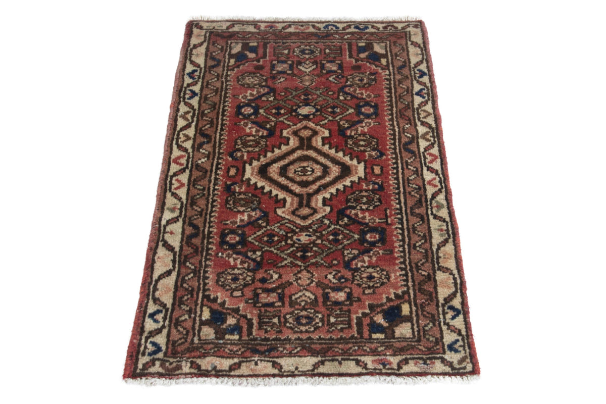Persian Hamadan accent rug in faded red and cream, view 3 of 10