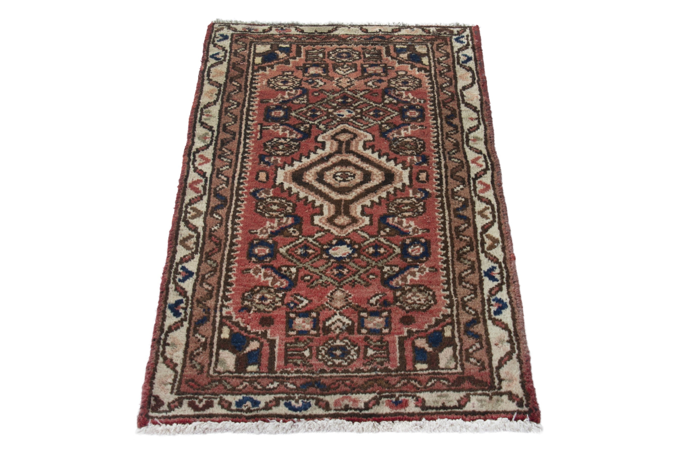 Persian Hamedan accent rug in faded red and cream, view 3 of 9
