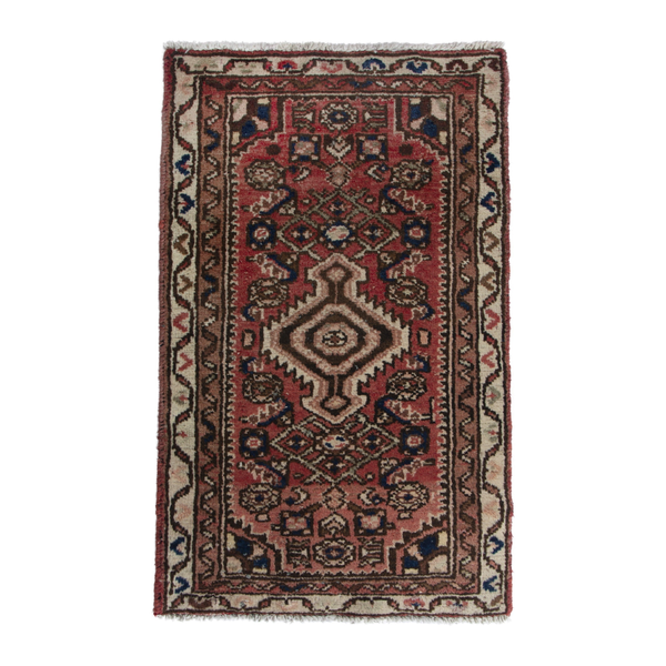 Persian Hamadan accent rug in faded red and cream, 1'8" x 2'11"