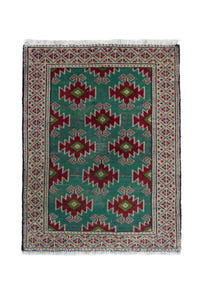 Persian Torkaman accent rug in emerald and cream, view 2 of 9