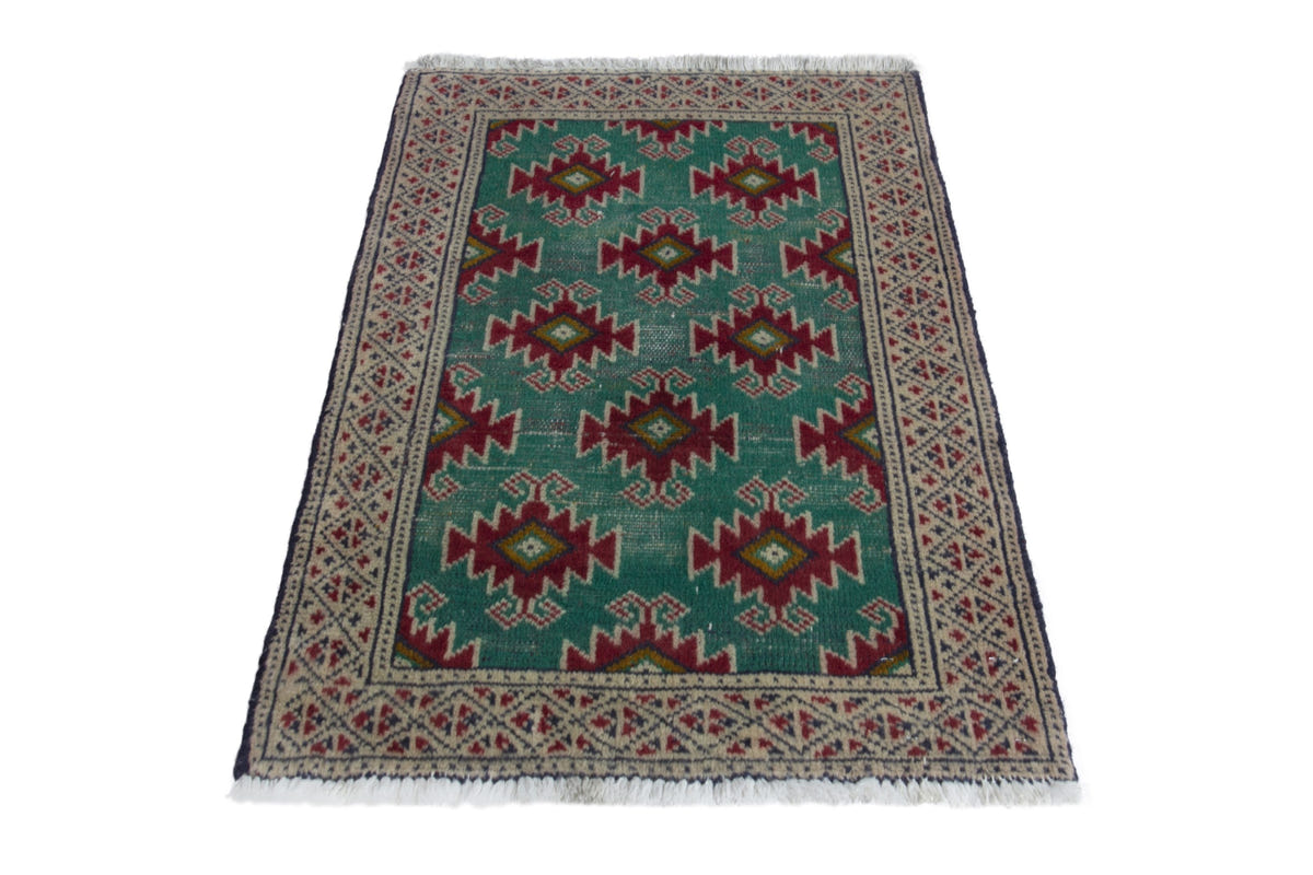 Persian Torkaman accent rug in emerald and cream, view 3 of 9