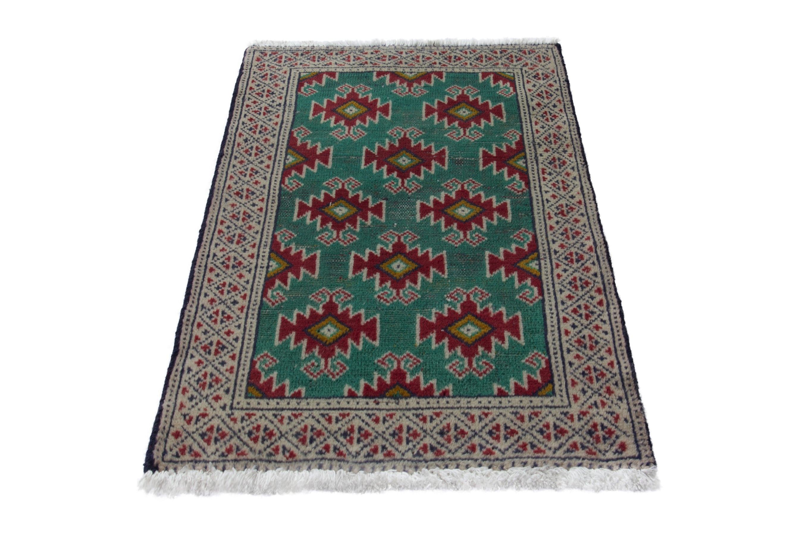 Persian Torkaman accent rug in emerald and cream, view 3 of 8