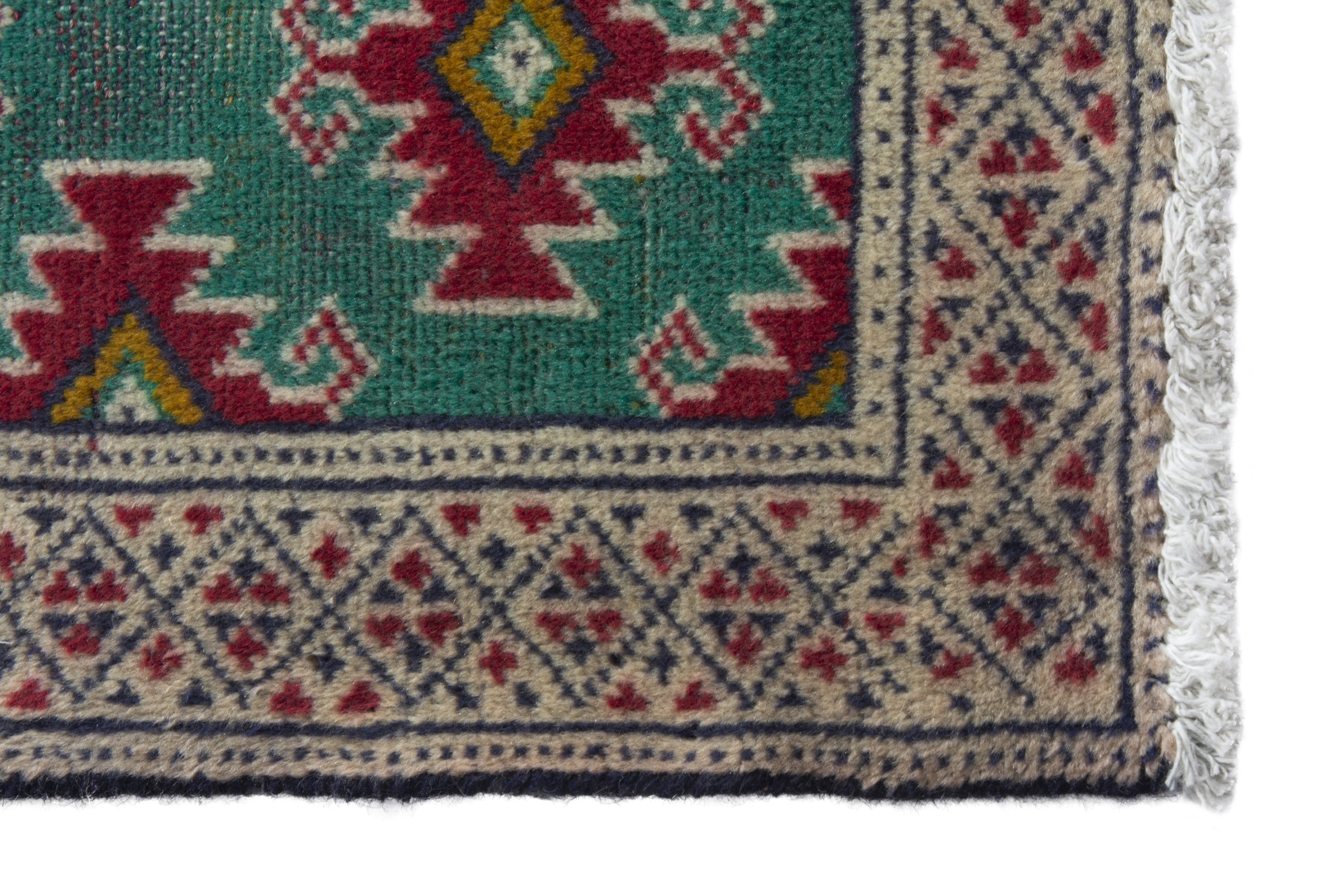 Persian Torkaman accent rug in emerald and cream, view 5 of 8