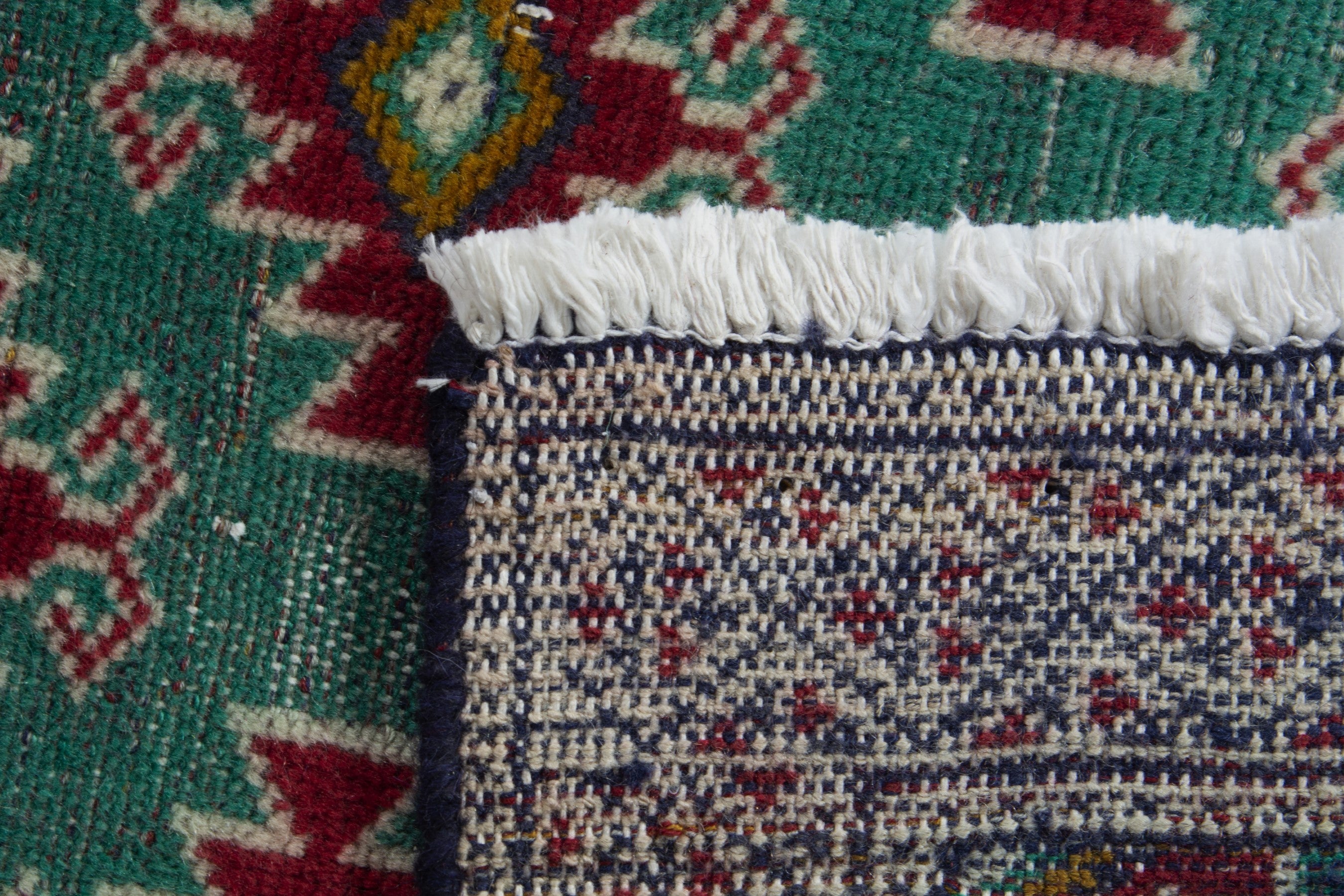 Persian Torkaman accent rug in emerald and cream, view 8 of 8