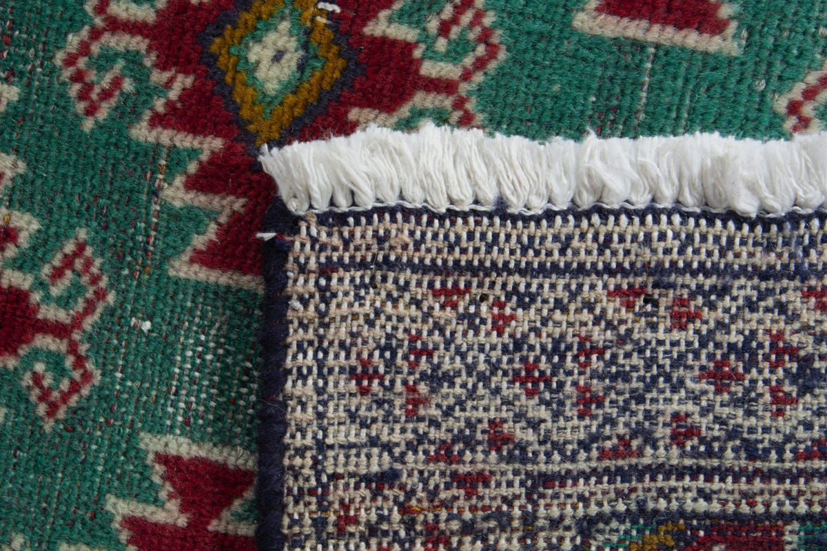 Persian Torkaman accent rug in emerald and cream, view 9 of 9