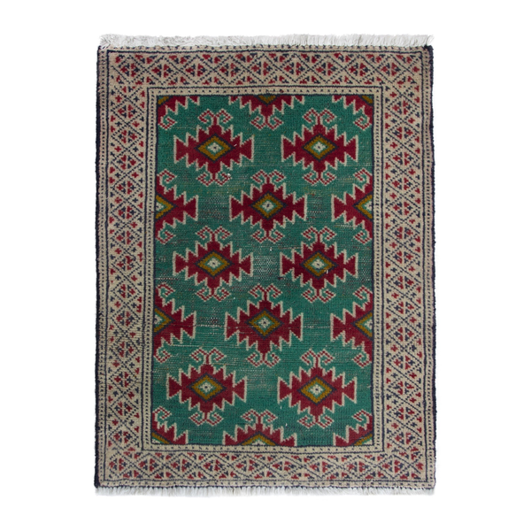 Persian Torkaman accent rug in emerald and cream, 2' x 2'7"