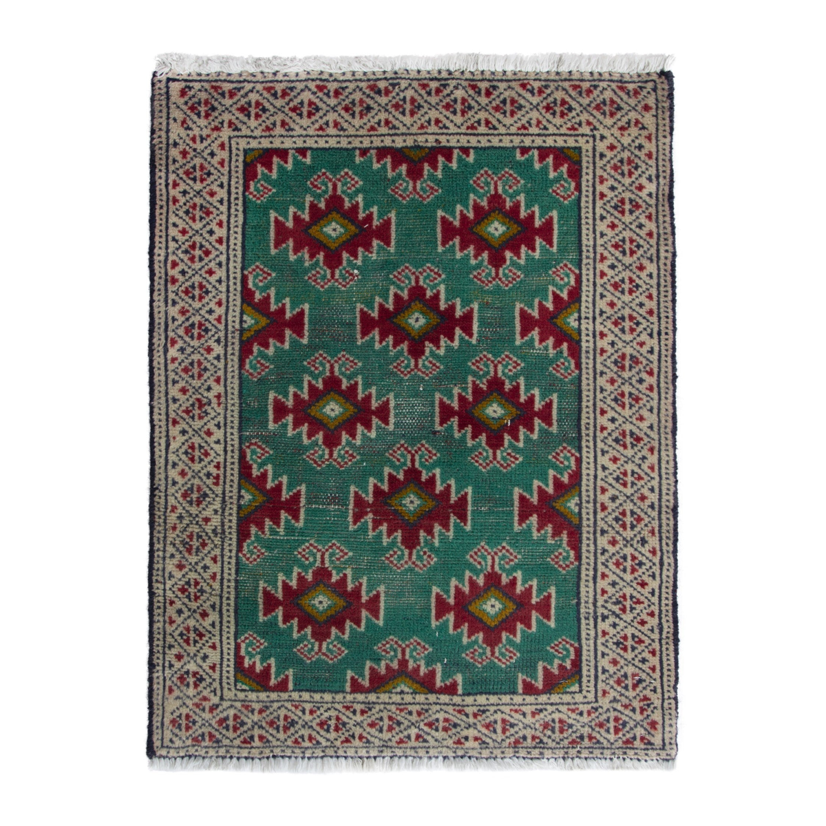 Persian Torkaman accent rug in emerald and cream, 2' x 2'7"
